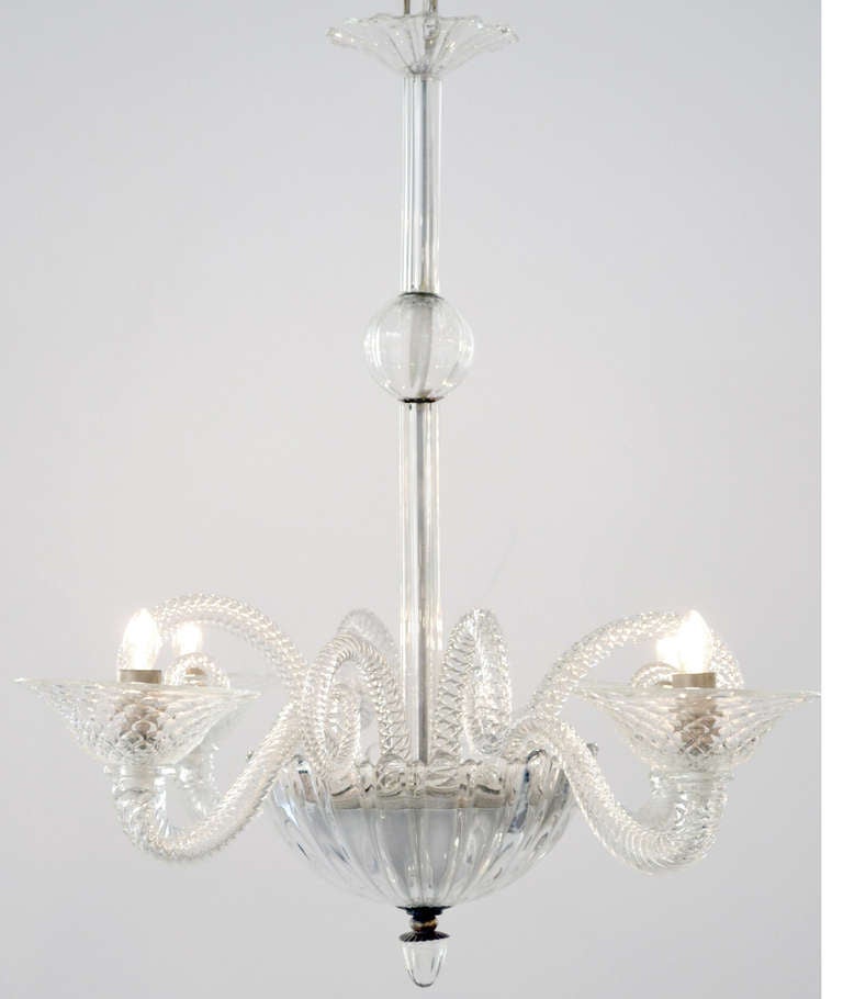 Hand blown Murano glass chandelier with four arms. Rewired for the US.