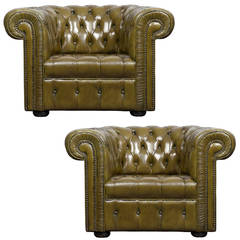 Superb Vintage Bronze Pair of Chesterfield Club Chairs