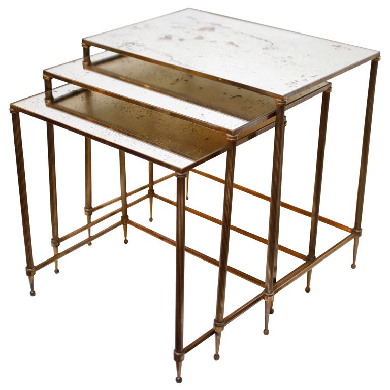 Set of Antiqued Mirrored Glass Nesting Tables by Maison Baques at 1stDibs