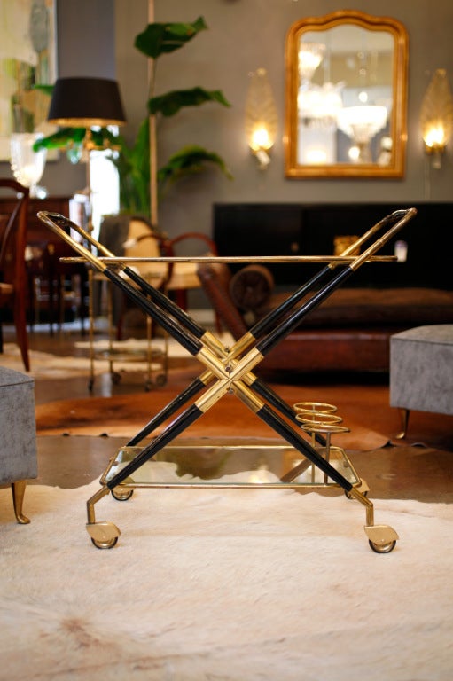 Mid-20th Century Italian Art Deco Brass Bar Cart by Cesare Lacca.