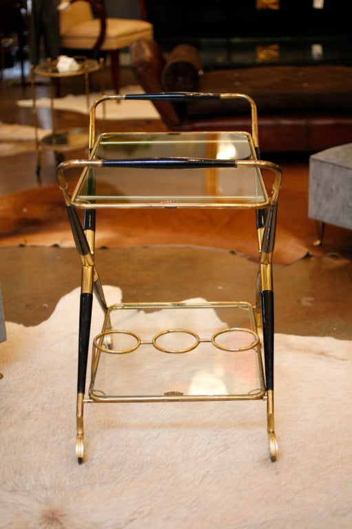 Wood Italian Art Deco Brass Bar Cart by Cesare Lacca.