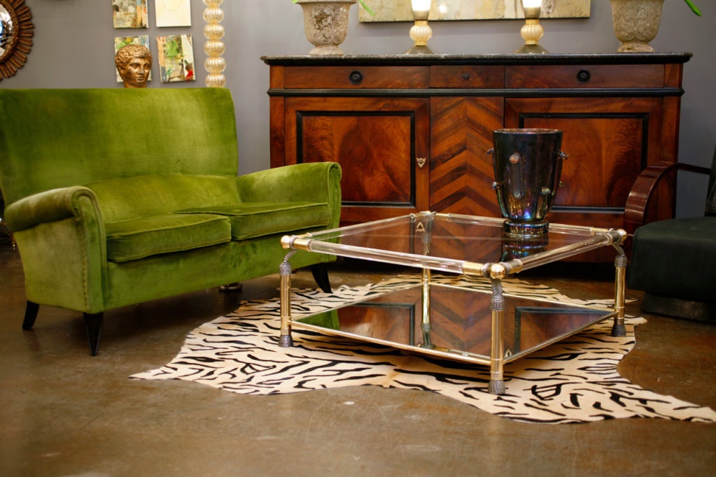 French Brass, Lucite, and Glass Coffee Table