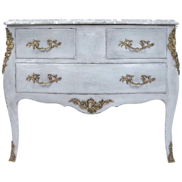 French Louis XV Gray Marble Top Bombé Chest