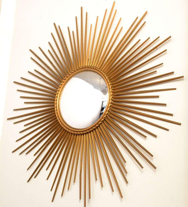 French Vintage Brass Sunburst Convex Mirror In Good Condition In Austin, TX