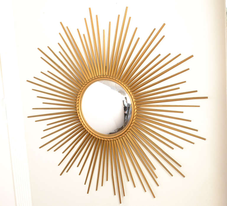 Mid-20th Century French Vintage Brass Sunburst Convex Mirror