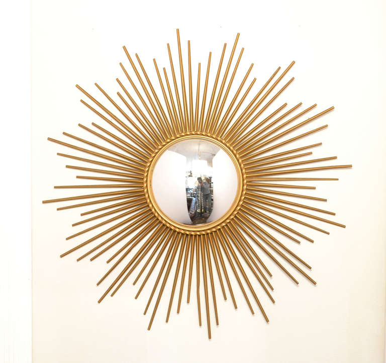 French Vintage Brass Sunburst Convex Mirror 4