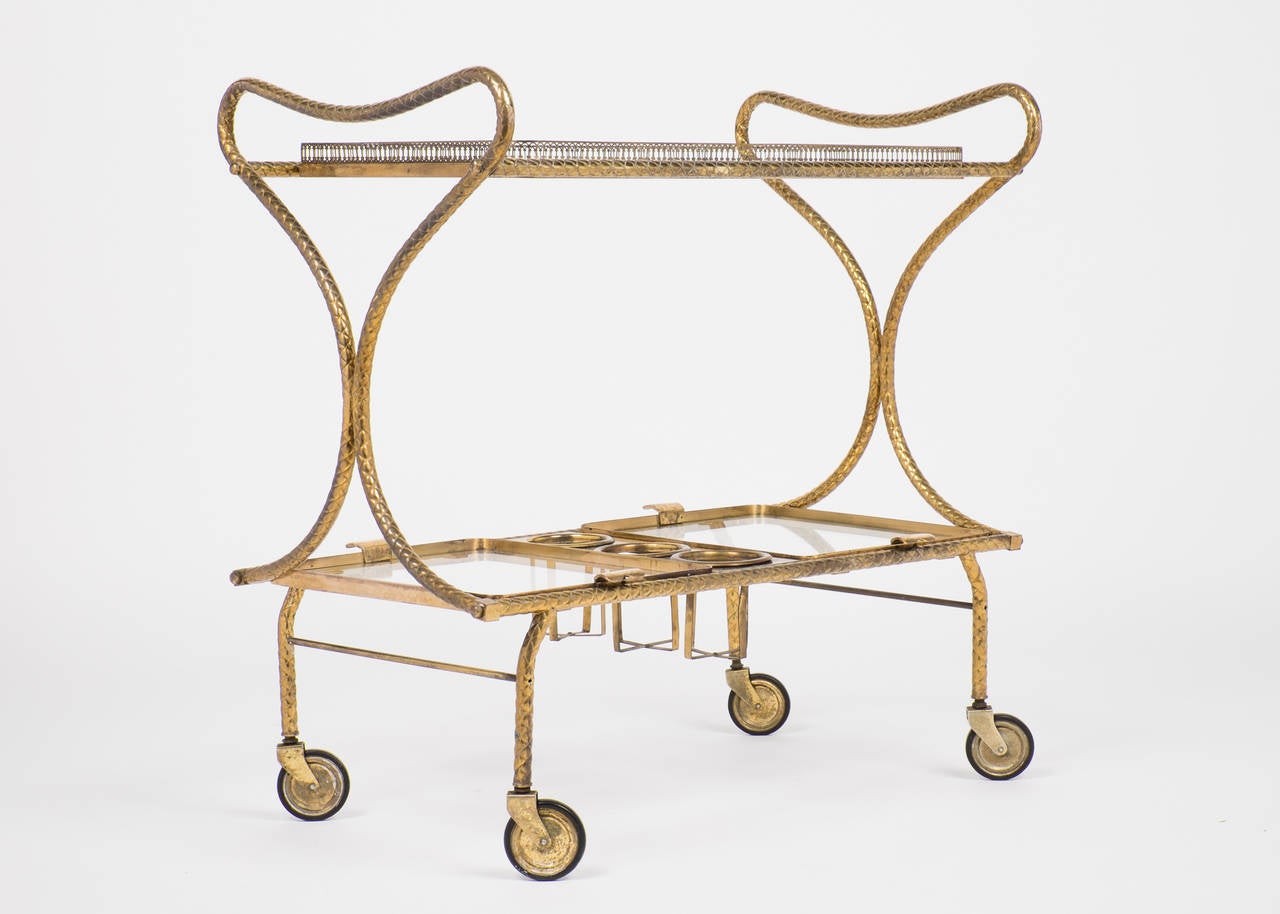 French Art Deco Gilt Brass Bar Cart In Good Condition In Austin, TX