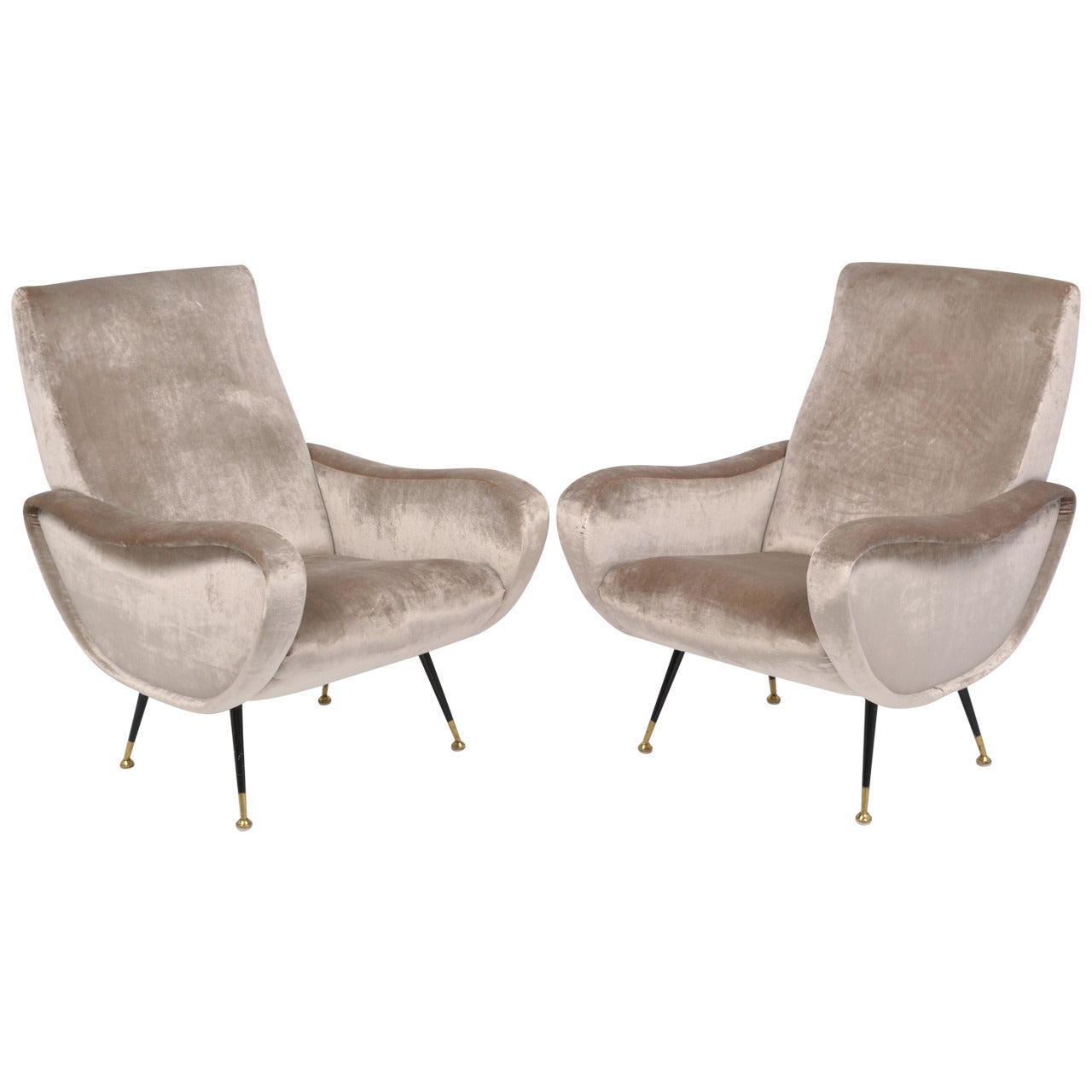 Italian Mid-Century Modern Pair of Velvet Lounge Chairs