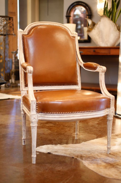 Pair of Louis XVI Hand Carved Armchairs, Original Leather