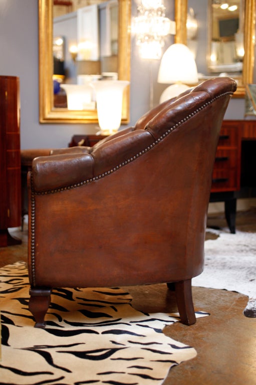 Walnut Stunning Pair of French Leather Club Chairs