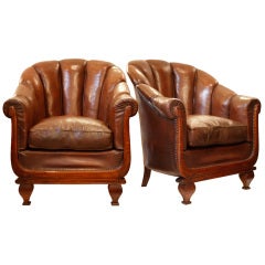 Antique Stunning Pair of French Leather Club Chairs