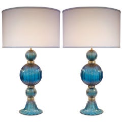 Extraordinary Pair of Cerulean Blue Murano Lamps