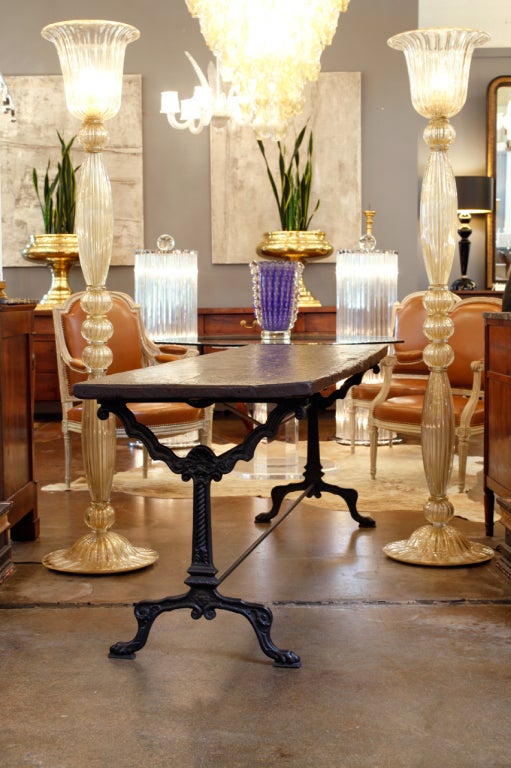 French antique neo-gothic cast iron console table from a wine merchant in the southwest region of France (Toulouse). The top is made of a full plank of 18th century hand hewn chestnut. An amazing console table with tons of character.