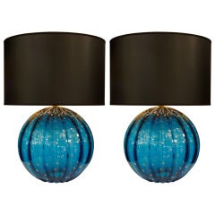 Pair of Cerulean Murano Glass Globe Lamps by Barovier