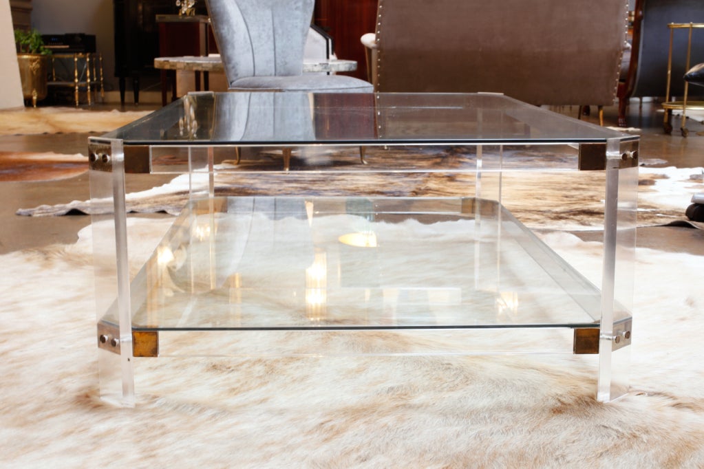 French Lucite, Brass, and Glass Coffee Table