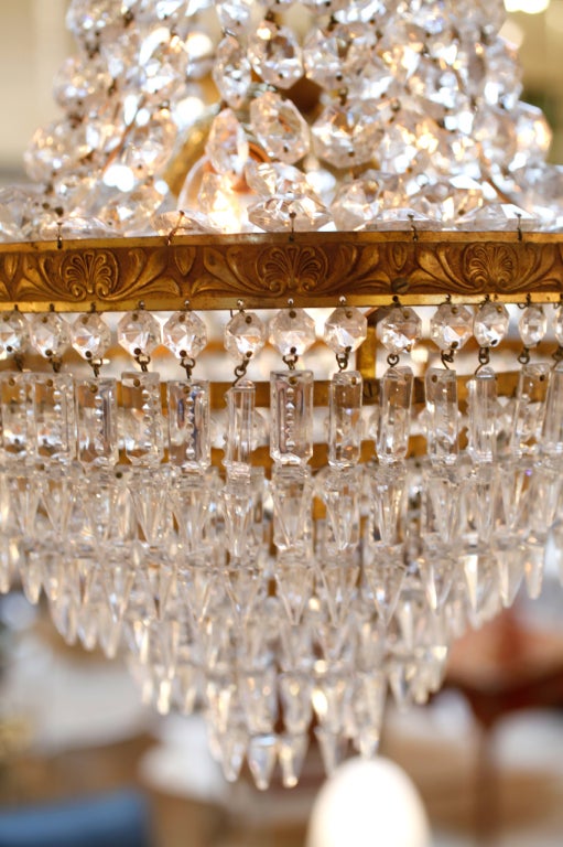 20th Century Pair of French Empire Crystal & Brass Chandeliers