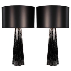Jet Black Murano 'Pulegoso' Glass Table Lamps
