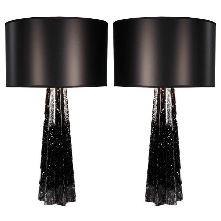 Jet Black Murano 'Pulegoso' Glass Table Lamps