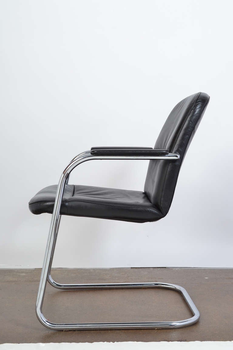 Mid-20th Century French Modern Pair of Leather and Chrome Armchairs