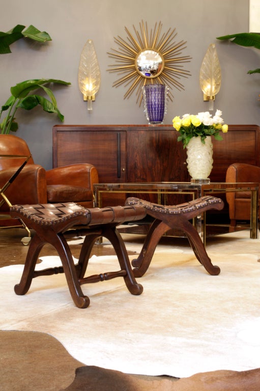 Spanish Pair of Leather and Solid Walnut Stools
