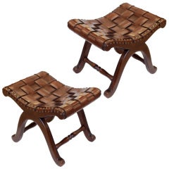 Spanish Pair of Leather and Solid Walnut Stools