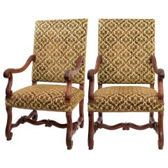 Antique Pair of Louis XIII Hand Carved Walnut Armchairs