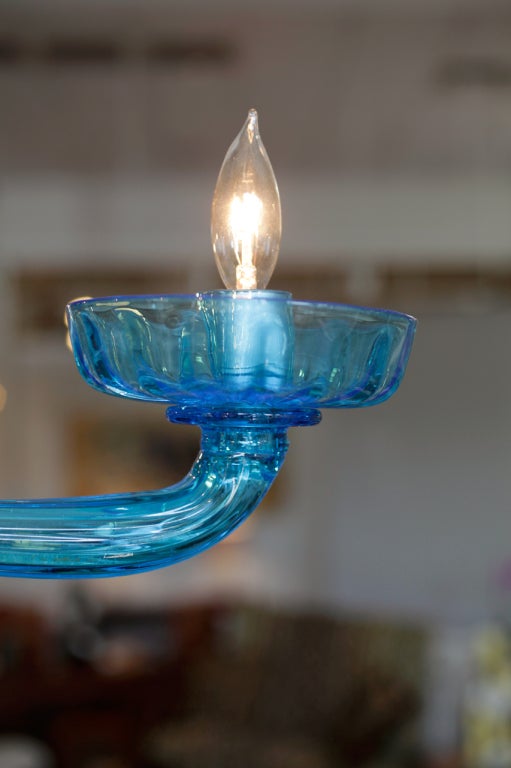 Cerulean Blue Murano Glass Chandelier In Good Condition In Austin, TX