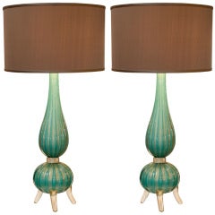 Gorgeous Pair of Murano Sea Green Glass Lamps