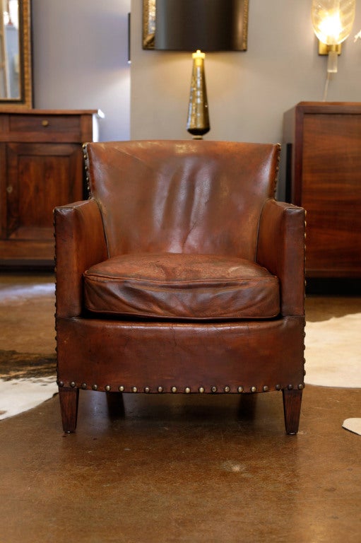 Mid-20th Century French Art Deco Lambskin Leather Club Chair