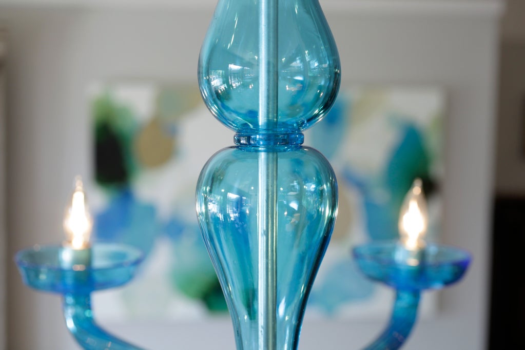 Cerulean Blue Murano Glass Chandelier In Good Condition In Austin, TX