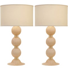 Pair of Blush Pink and Gold Murano "Pulegoso" Glass Lamps