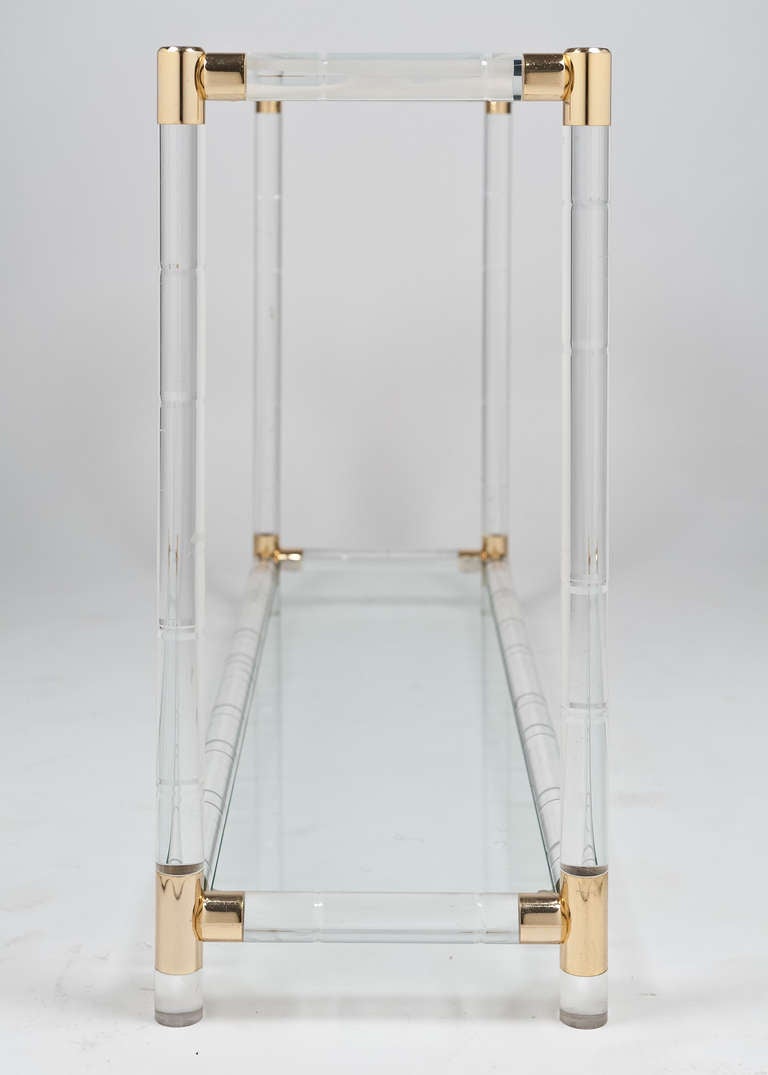 French Vintage Lucite, Brass, & Glass Console Table In Good Condition In Austin, TX