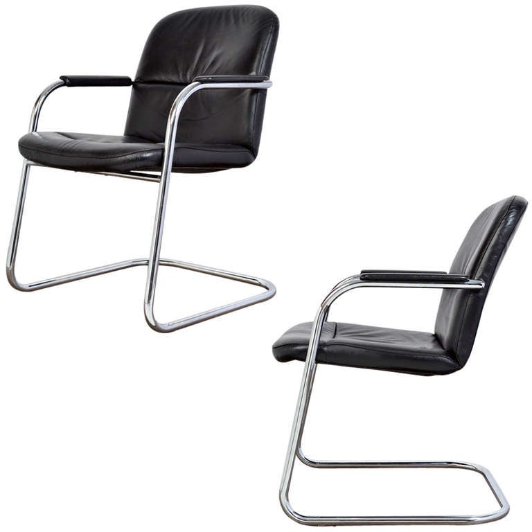 French Modern Pair of Leather and Chrome Armchairs