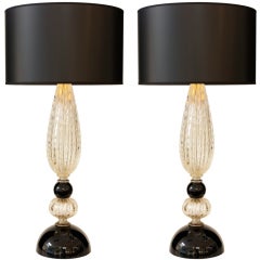 Murano Blown Glass 23 Carats Gold "Pulegoso" and Black Lamps