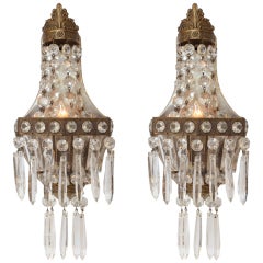 Antique French Empire Pair of Crystal and Embossed Brass Sconces