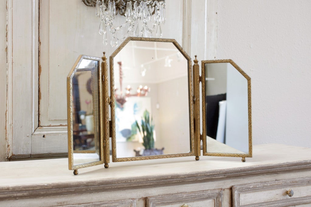 French Art Deco Gilded Triptych Table Mirror