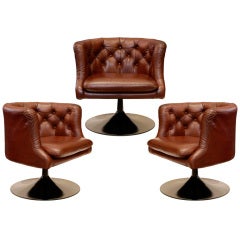 Set of 3 Leather Armchairs by Florence Knoll