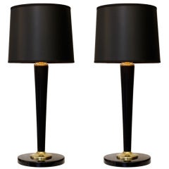 Vintage Pair of Art Deco Ebonized Mahogany Table Lamps by Mazda