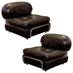 Vintage Pair of Black Leather 
Chrome Lounge Chairs