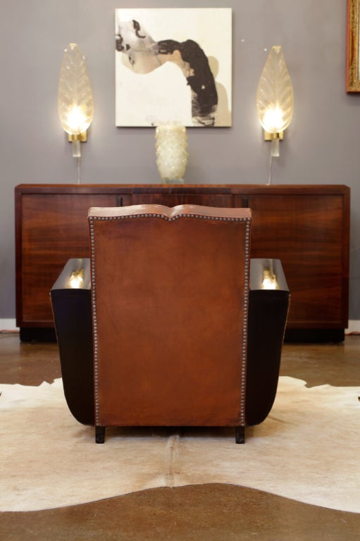 Mid-20th Century Pair of Lambskin & Ebonized Walnut Moustache Club Chairs
