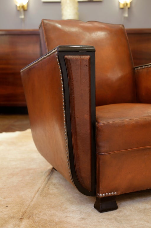 Pair of Lambskin & Ebonized Walnut Moustache Club Chairs 4