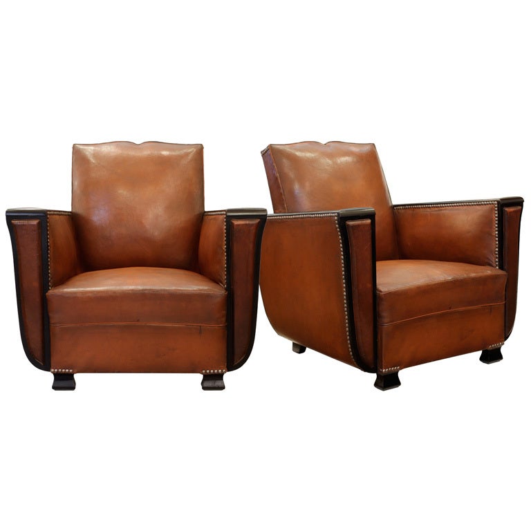 Pair of Lambskin & Ebonized Walnut Moustache Club Chairs