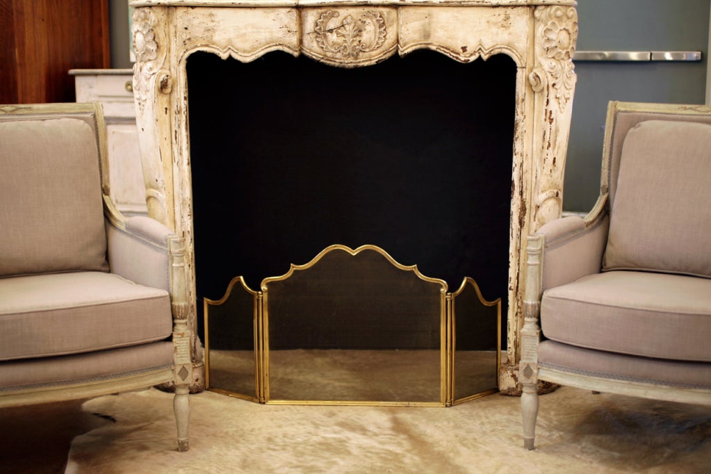 French Louis XV style brass fire screen with three hinged and framed sections with fine mesh screening. Length of 40