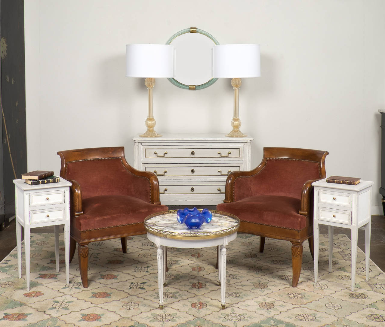 Precious antique pair of French Directoire style side tables in hand-painted fruitwood, each with two dovetailed drawers and tapered legs. Perfect size and proportion for so many areas, we loved the fresh look and the Classic proportions of these
