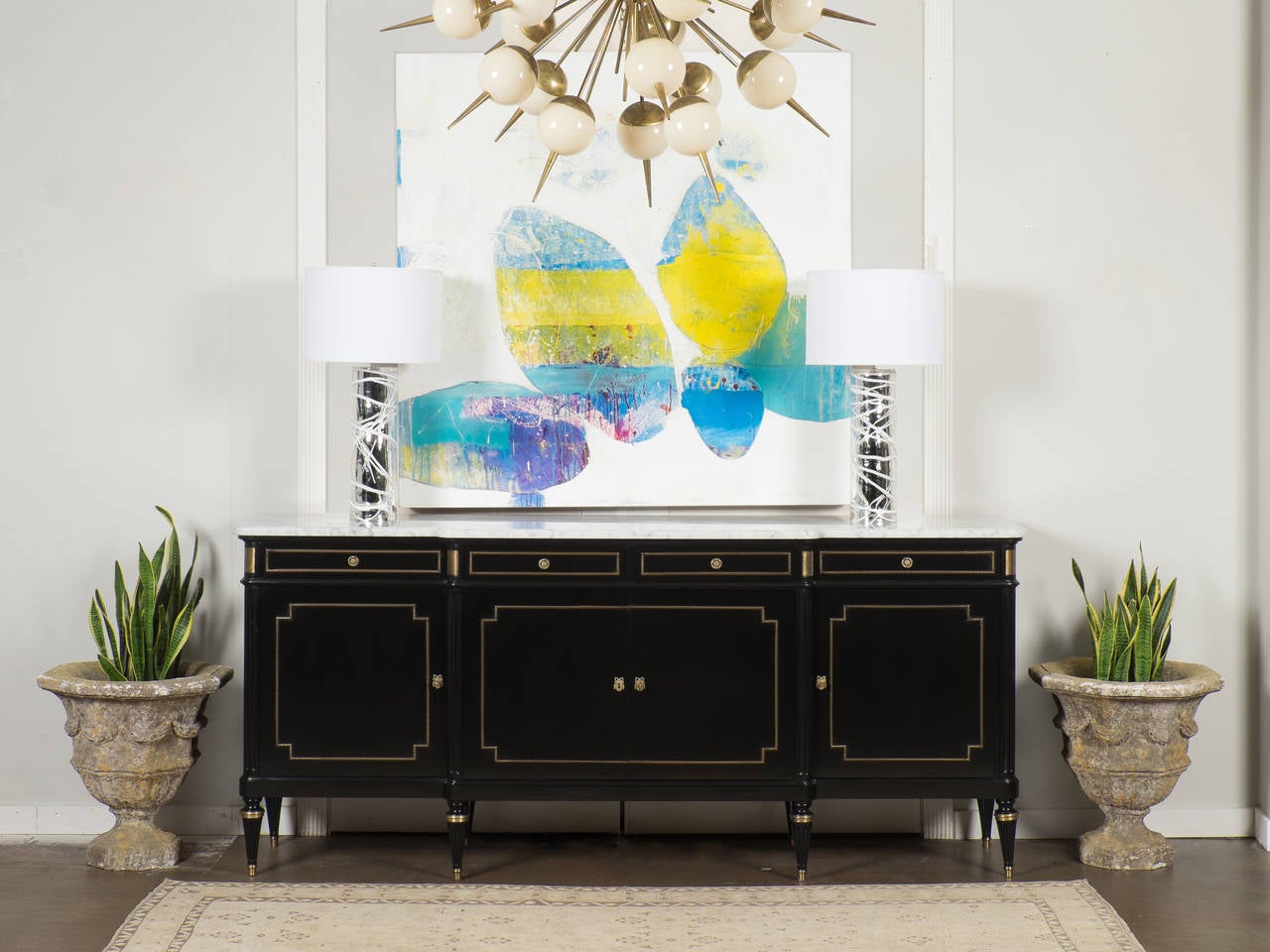 Stunning pair of cylindrical Murano mercury glass table lamps, overlaid with white glass striations, rewired for the US. The height of the glass is 18 in. Very modern and artistic these pieces have a fabulous decorative impact. 

This pair is
