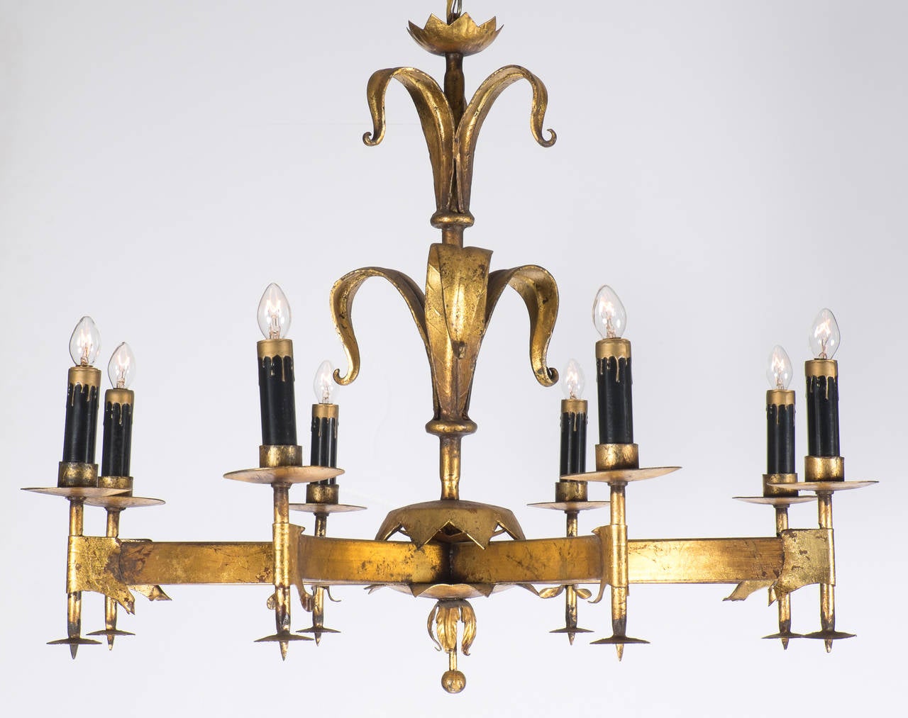 Spanish Vintage Gold-Leaf Forged Iron Chandelier In Good Condition In Austin, TX