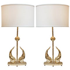 Pair of Gilded Brass Dolphin Lamps by J. Charles