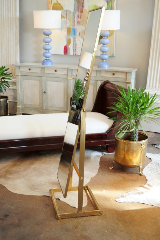 French Modernist Solid Gilded Brass "Psyche" Standing Mirror