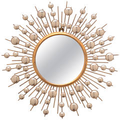 French Vintage Brass Sunburst Mirror Surrounded by Smaller Convex Mirrors