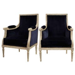  Elegant Pair of Louis XVI Blue Velvet Bergeres